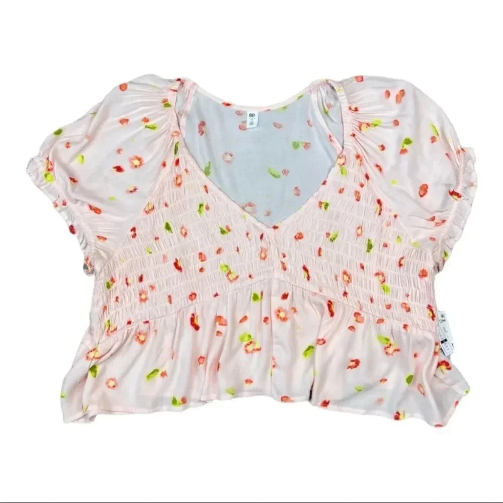 BP Nordstrom Pink Red Petal Patterned Smocked Short Sleeve Crop Top 1X